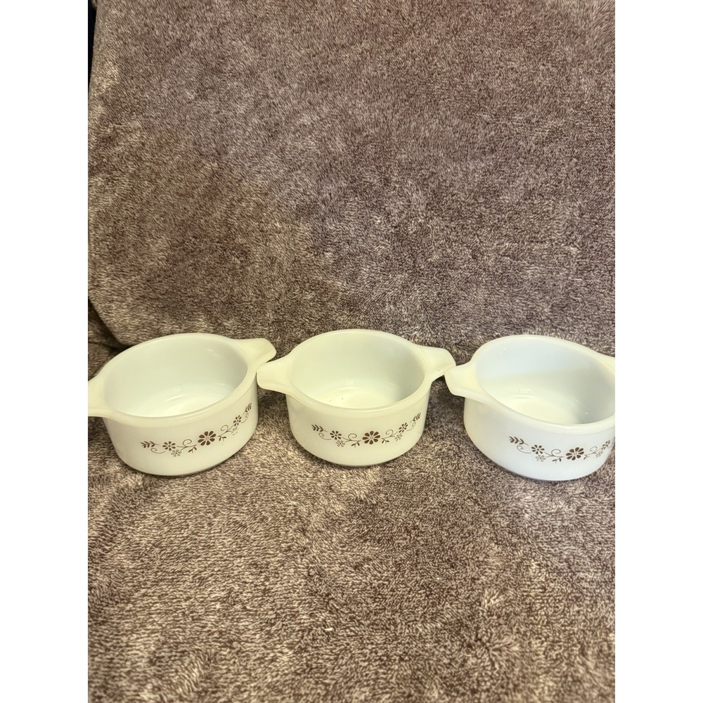 Vintage Dynaware PYR-O-REY Milk Glass White Dishes Brown Flowers 6" set of 3